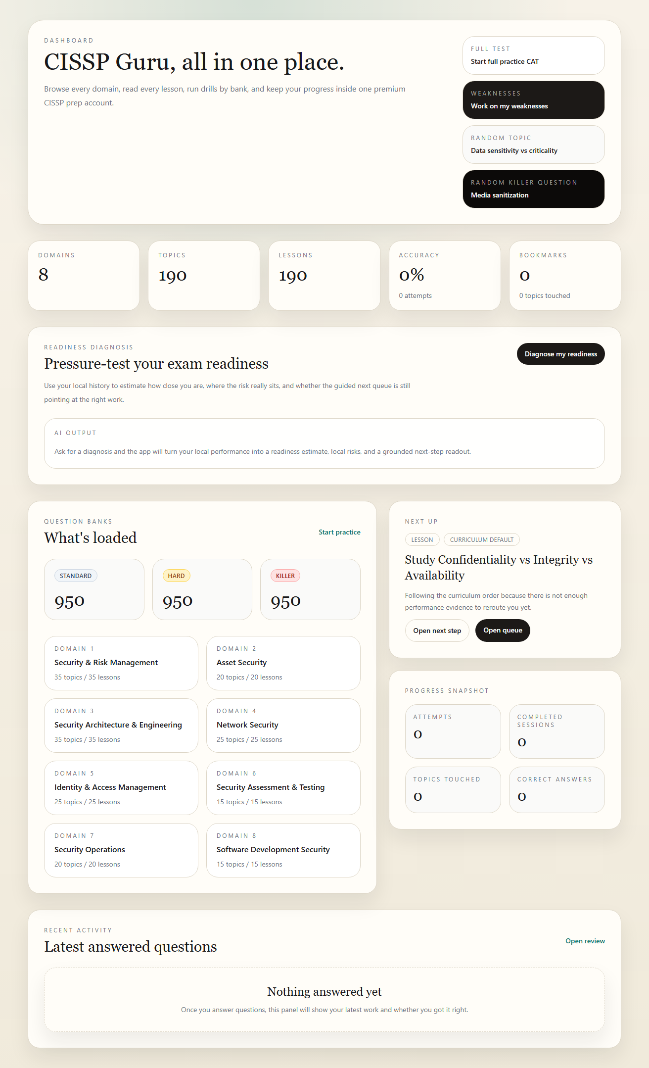 CISSP Guru dashboard with question banks, guided next steps, and readiness tools.