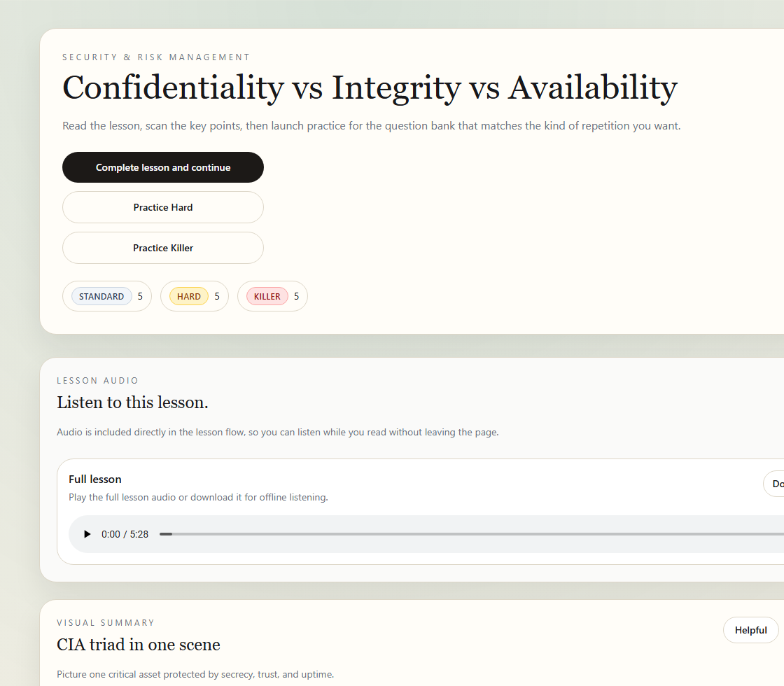 CISSP Guru lesson page showing lesson audio and visual summary.