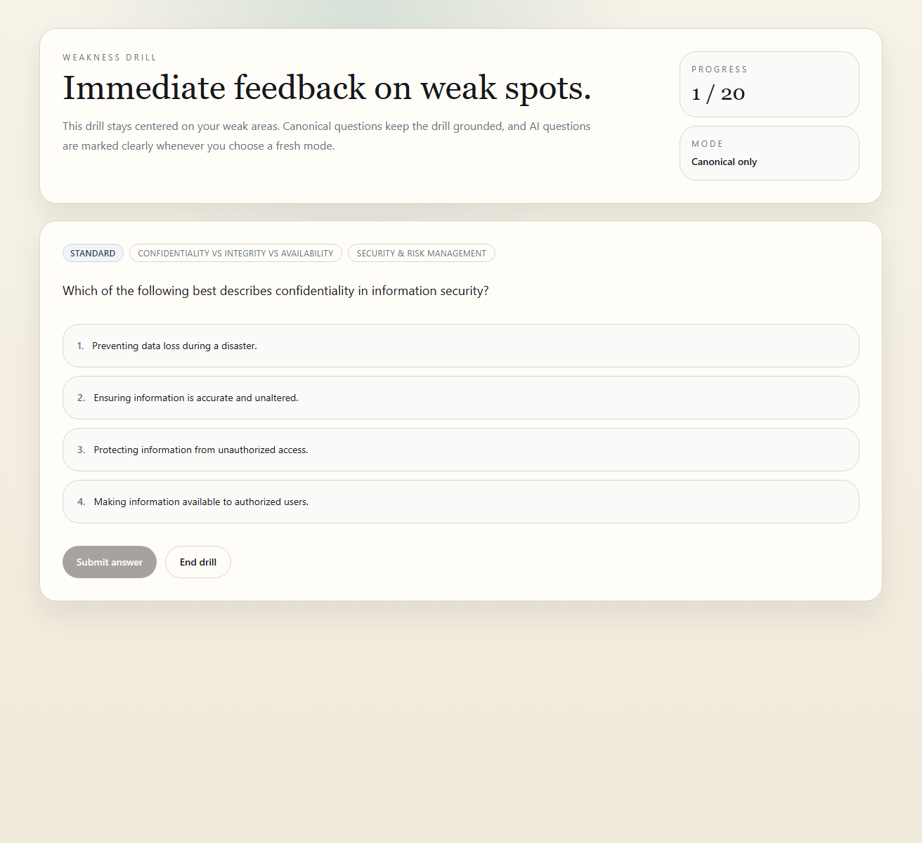 CISSP Guru weakness drill with immediate feedback workflow.